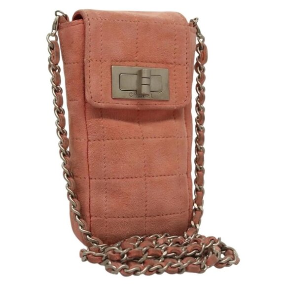 CHANEL Choco Bar Chain Shoulder Pouch Suede Pink Silver CC Auth BA4493 - Picture 1 of 16